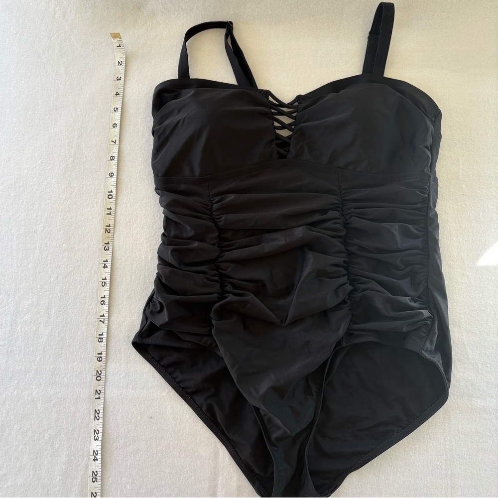 Torrid Black Lattice Front One-Piece Ruched Wireless Swimsuit